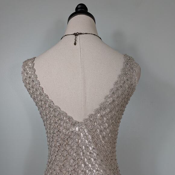 Carmen Marc Valvo Crochet Mini Cocktail Dress M Gold Tan Bead Boho Retro Glam - Picture 5 of 10
